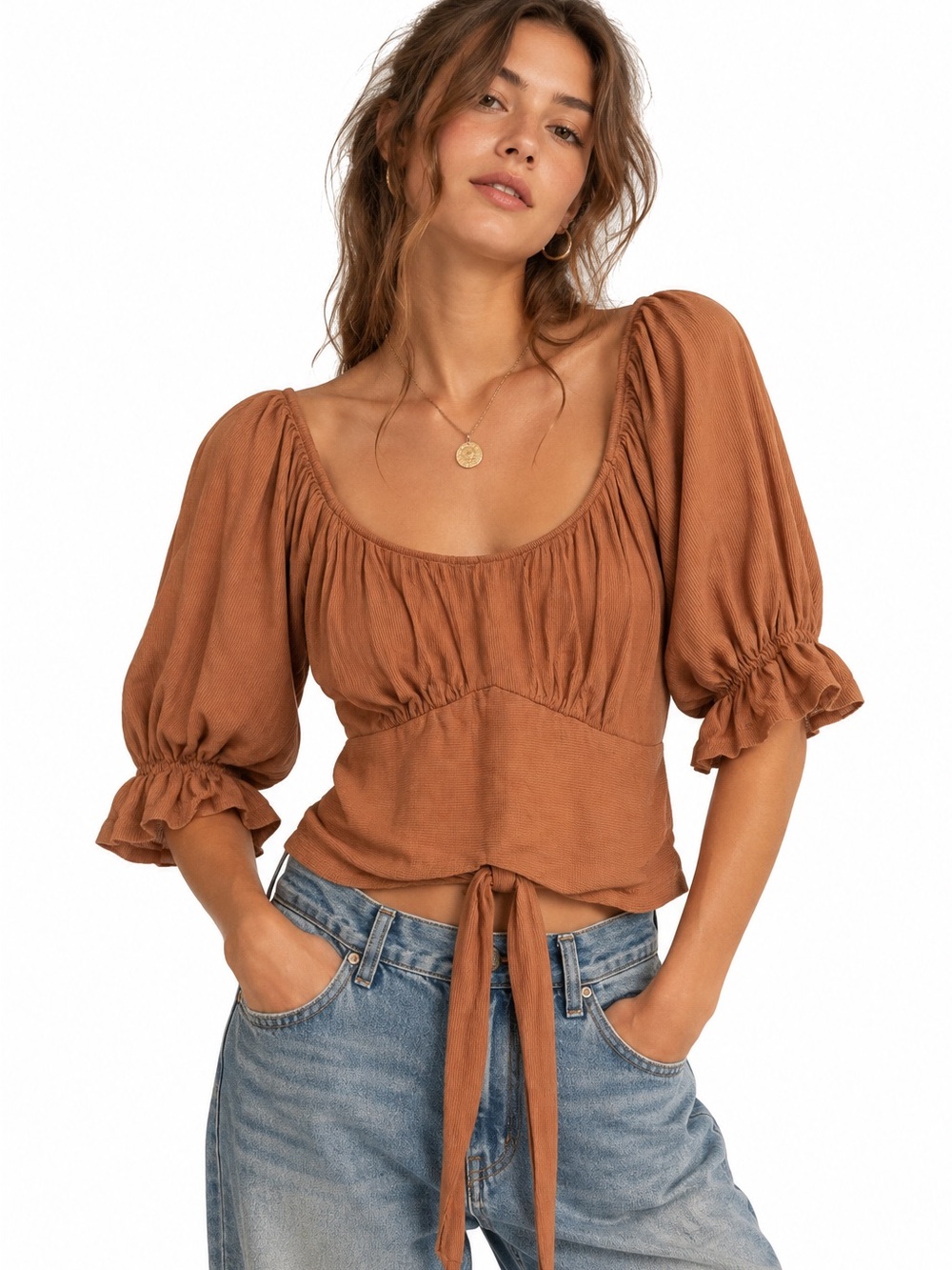NWT Listicle Puff Sleeve Milkmaid Tie Waist Top